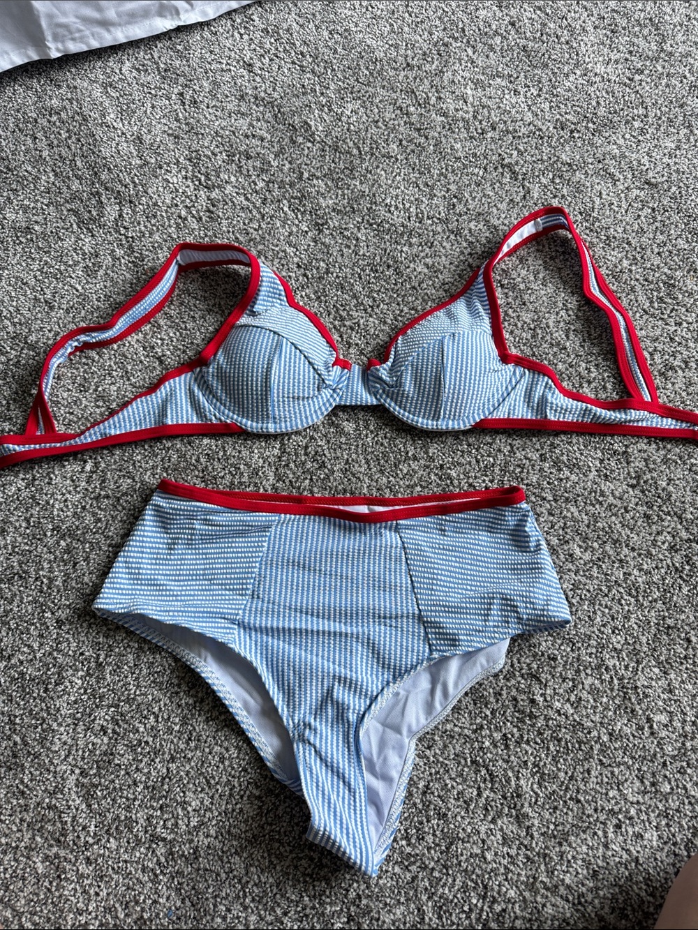 High-Waist Blue & White Striped Bikini with Red Trim